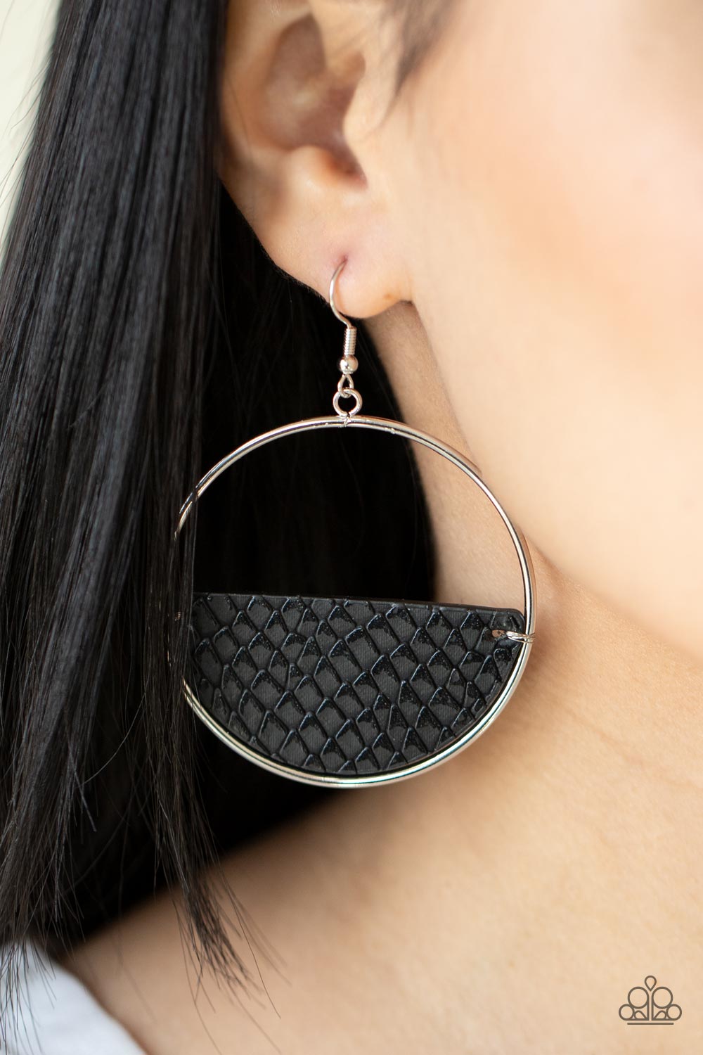 Animal Aesthetic Black Leather Python Print Earrings - Paparazzi Accessories- on model - CarasShop.com - Paparazzi Jewelry by Cara Jewels