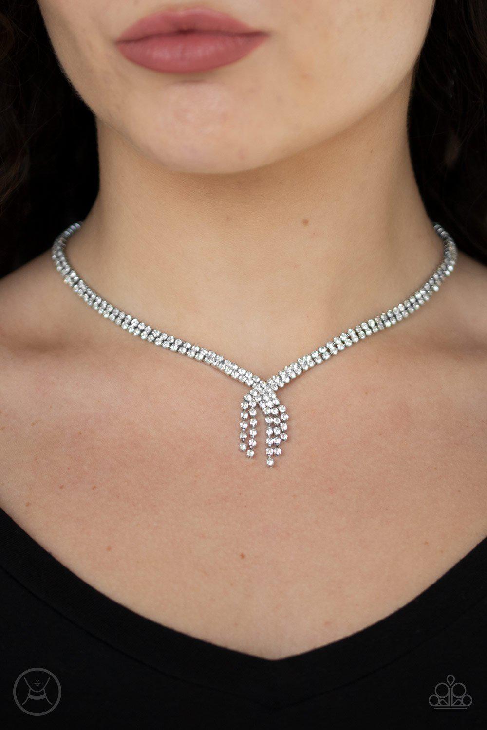 Ante Up White Rhinestone Choker Necklace - Paparazzi Accessories- on model - CarasShop.com - Paparazzi Jewelry by Cara Jewels