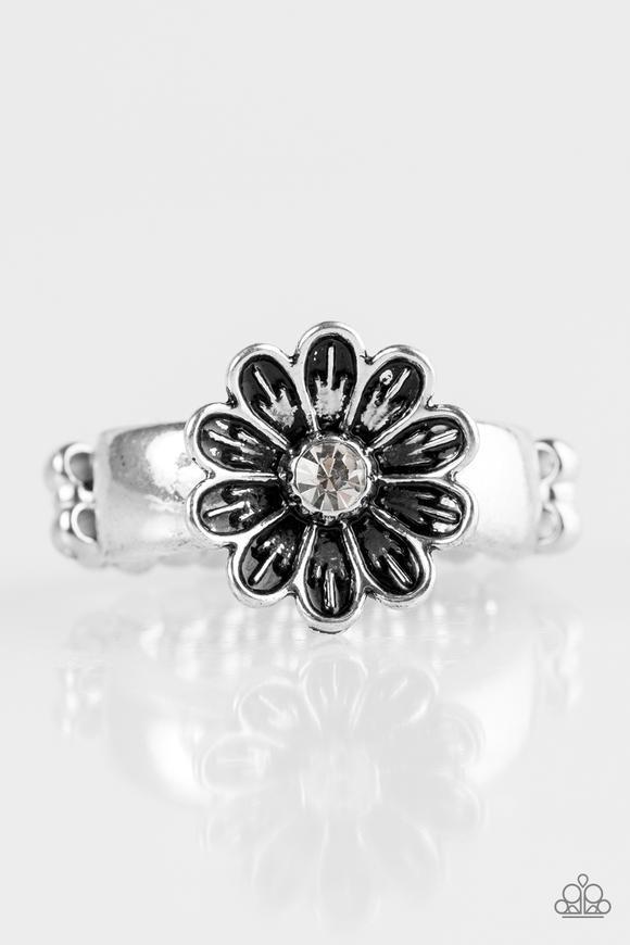 Anywhere BUD Here Silver and White Flower Ring - Paparazzi Accessories- lightbox - CarasShop.com - Paparazzi Jewelry by Cara Jewels