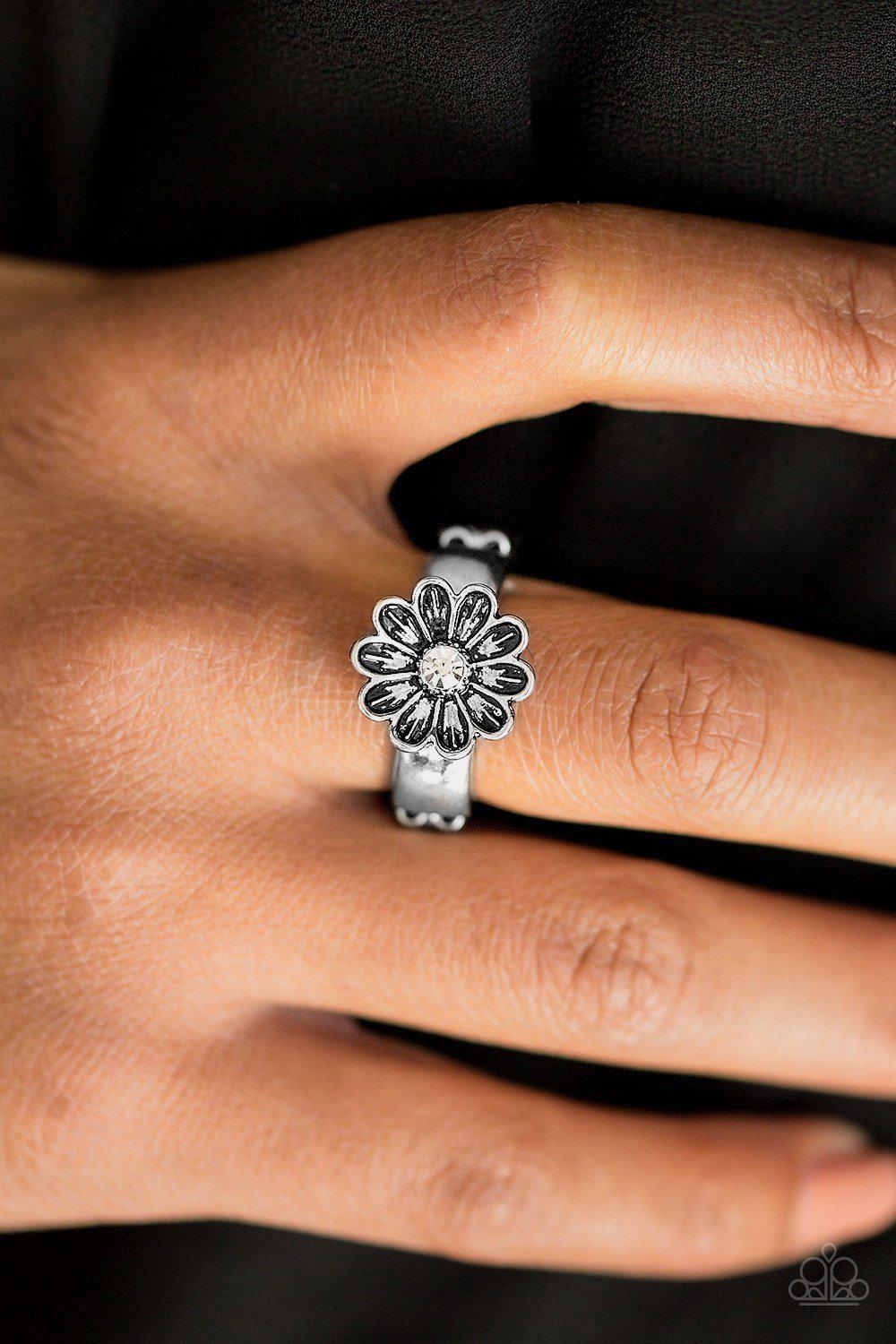 Anywhere BUD Here Silver and White Flower Ring - Paparazzi Accessories- on model - CarasShop.com - Paparazzi Jewelry by Cara Jewels