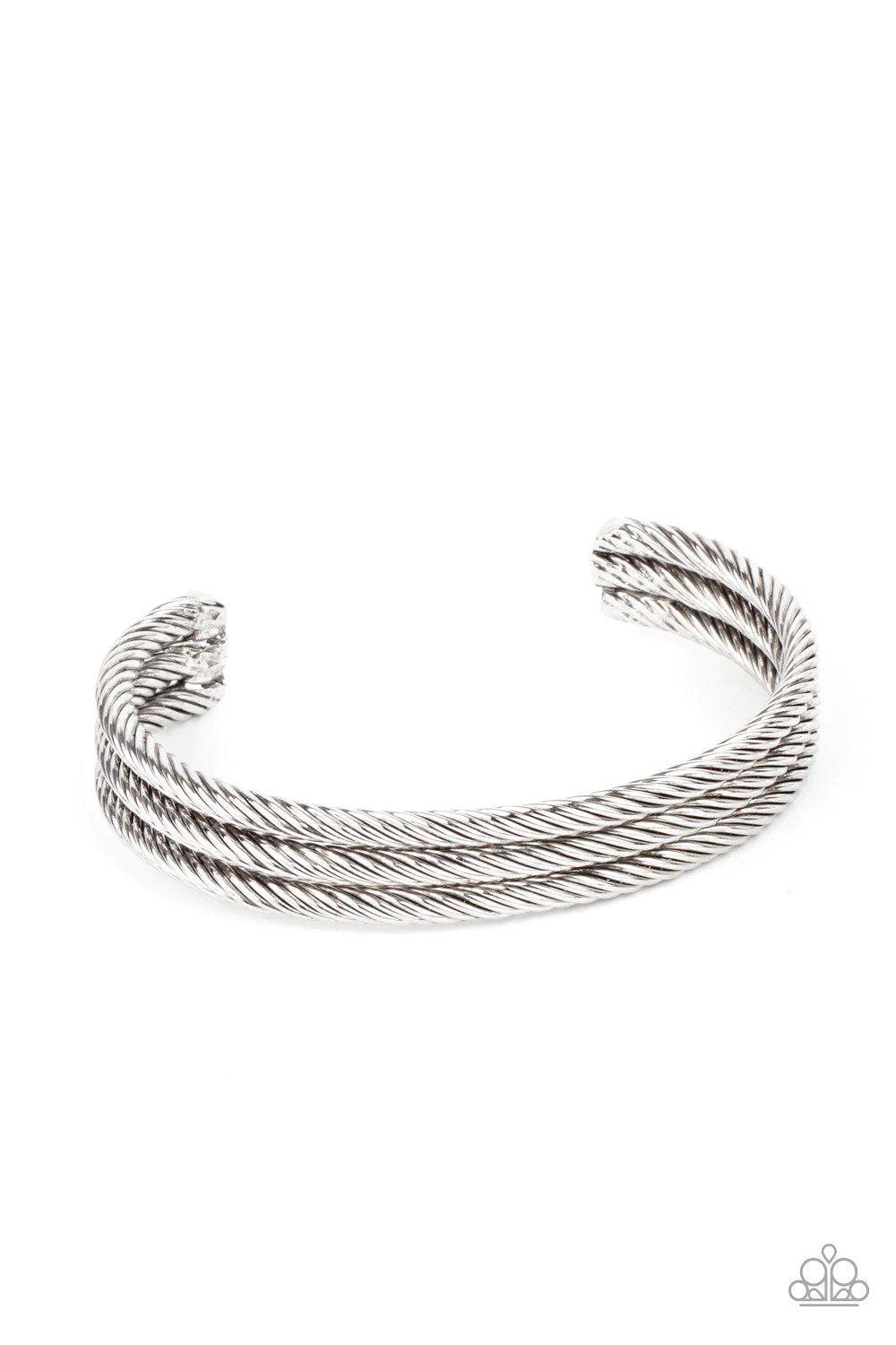 Armored Cable Men's Silver Cuff Bracelet - Paparazzi Accessories- lightbox - CarasShop.com - Paparazzi Jewelry by Cara Jewels
