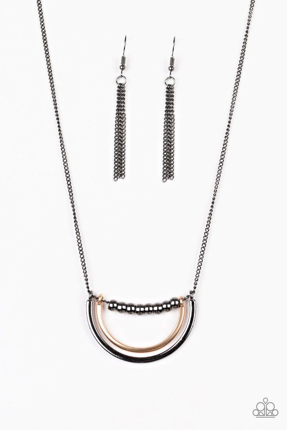 Artificial Arches Gunmetal Black & Gold Necklace - Paparazzi Accessories- lightbox - CarasShop.com - Paparazzi Jewelry by Cara Jewels