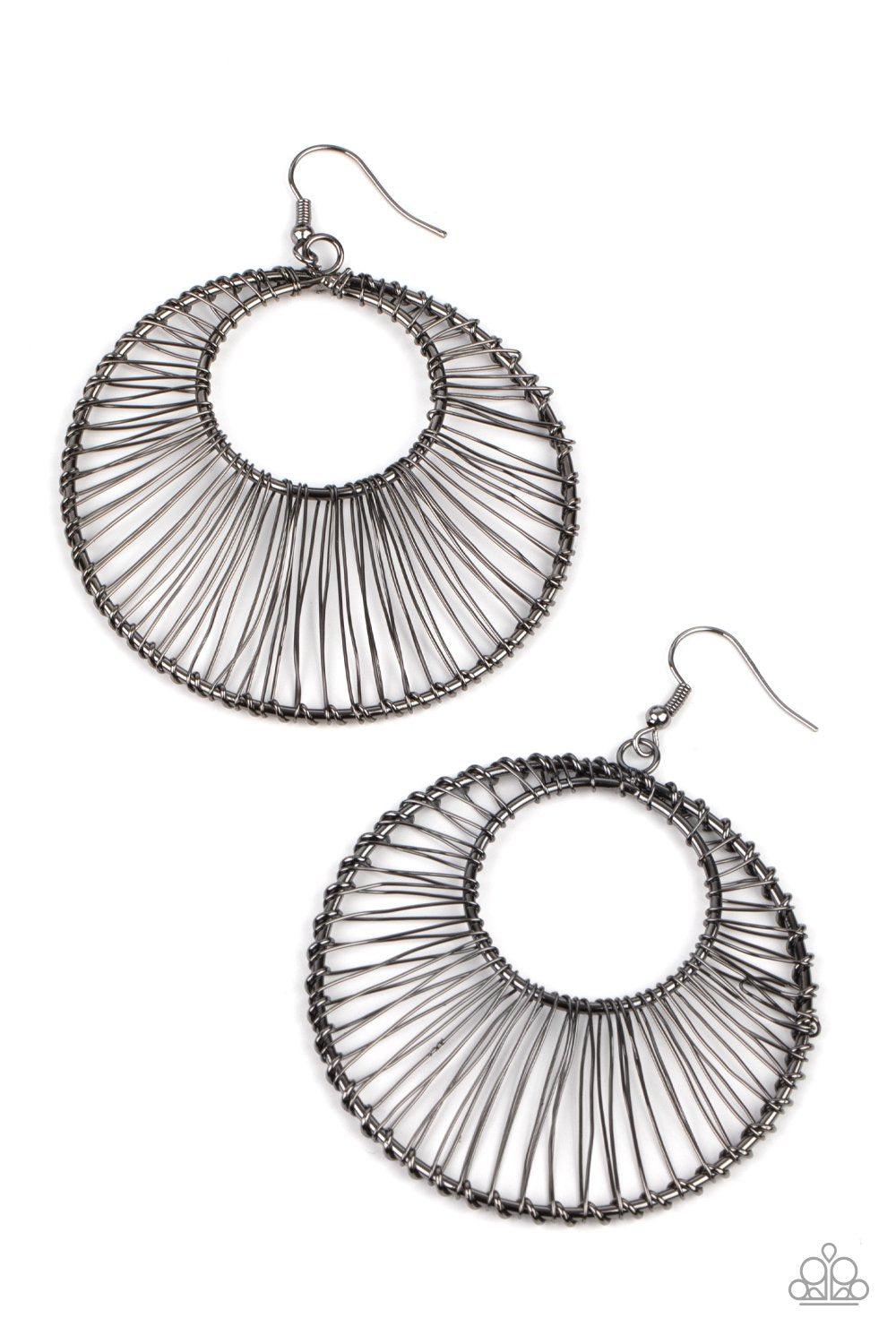 Artisan Applique Gunmetal Black Wire Hoop Earrings - Paparazzi Accessories- lightbox - CarasShop.com - Paparazzi Jewelry by Cara Jewels