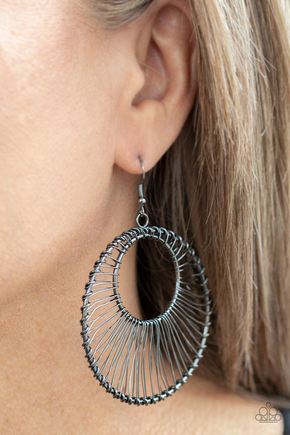 Artisan Applique Gunmetal Black Wire Hoop Earrings - Paparazzi Accessories- on model - CarasShop.com - Paparazzi Jewelry by Cara Jewels