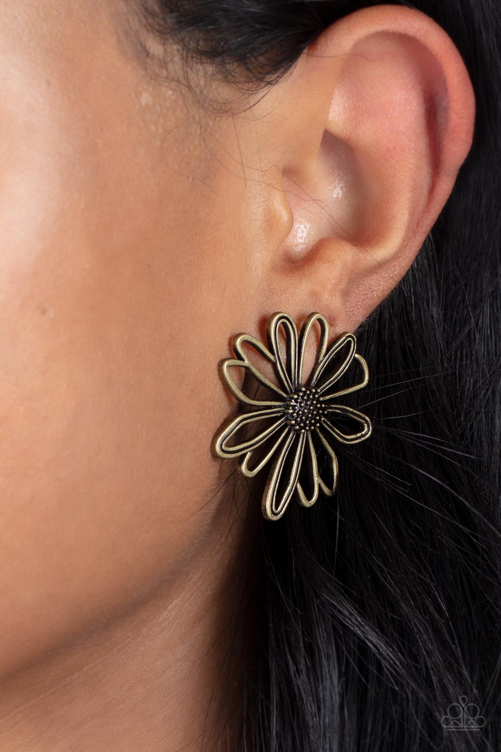Artisan Arbor Brass Daisy Post Earrings - Paparazzi Accessories- on model - CarasShop.com - Paparazzi Jewelry by Cara Jewels