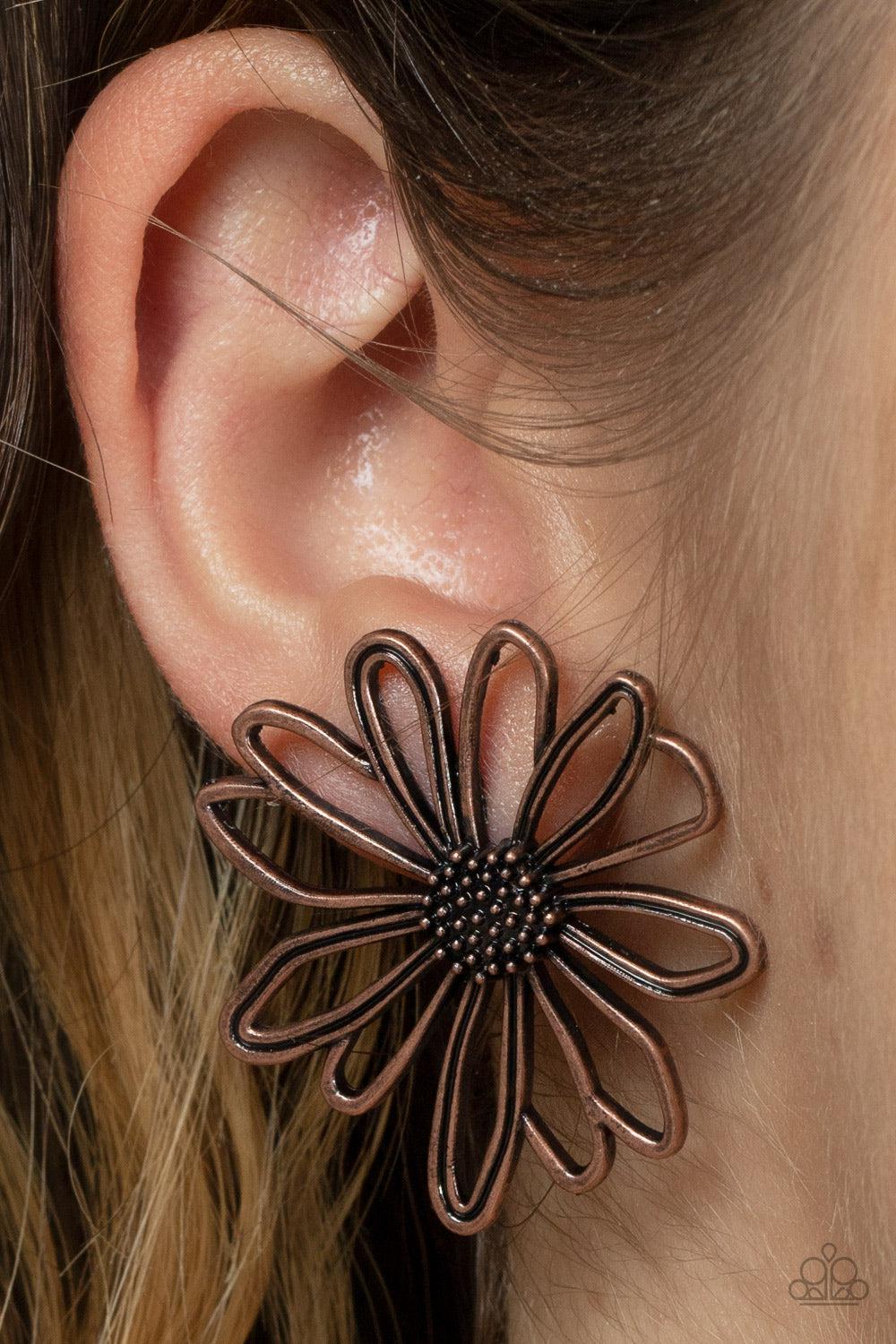 Artisan Arbor Copper Flower Earrings - Paparazzi Accessories- on model - CarasShop.com - Paparazzi Jewelry by Cara Jewels
