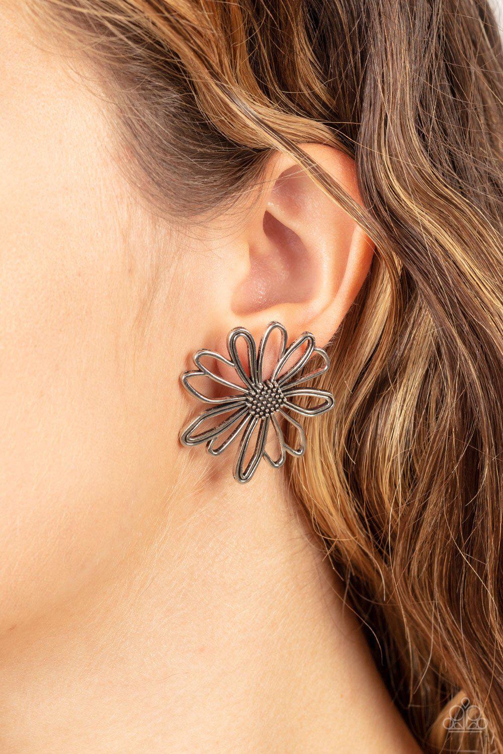 Artisan Arbor Silver Flower Post Earrings - Paparazzi Accessories- on model - CarasShop.com - Paparazzi Jewelry by Cara Jewels