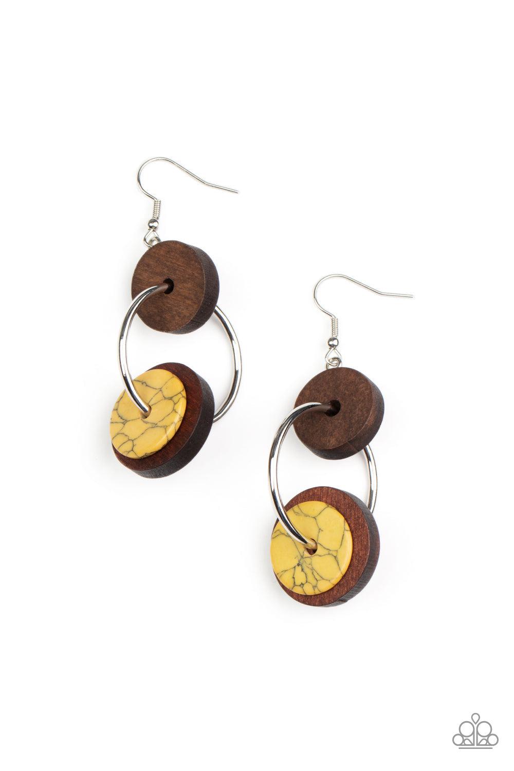 Artisanal Aesthetic Yellow Stone and Brown Wood Earrings - Paparazzi Accessories- lightbox - CarasShop.com - Paparazzi Jewelry by Cara Jewels