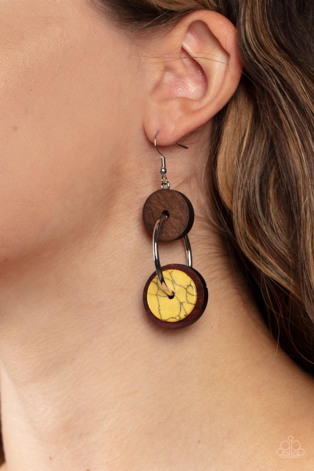 Artisanal Aesthetic Yellow Stone and Brown Wood Earrings - Paparazzi Accessories- on model - CarasShop.com - Paparazzi Jewelry by Cara Jewels