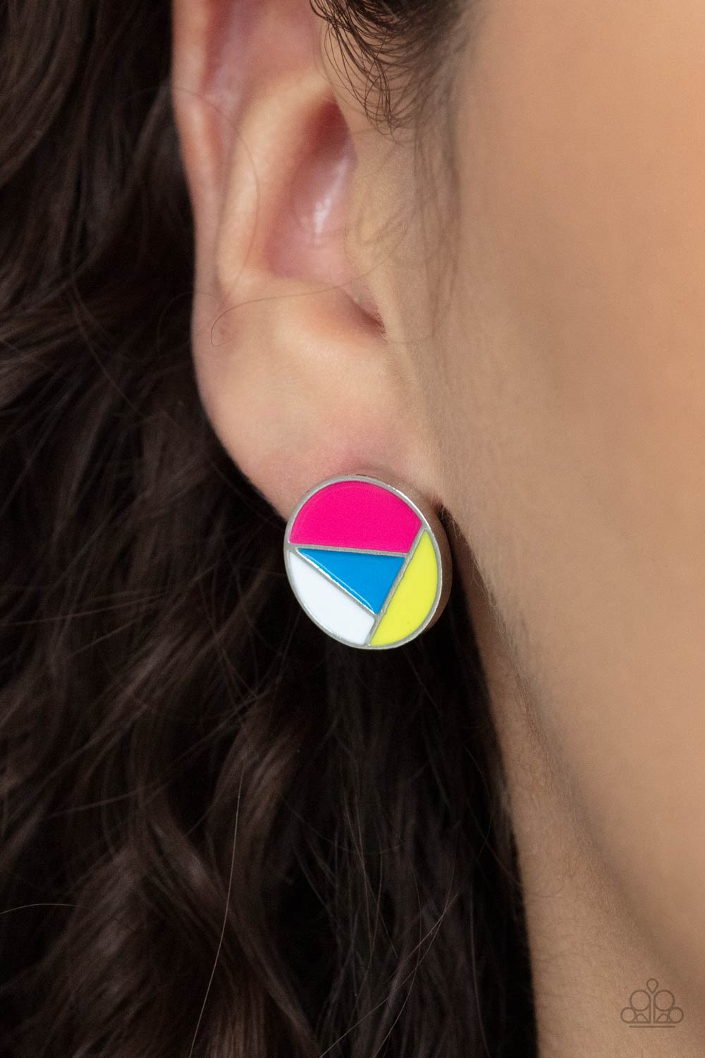 Artistic Expression Multi Pink, Blue and Yellow Post Earrings - Paparazzi Accessories- on model - CarasShop.com - Paparazzi Jewelry by Cara Jewels
