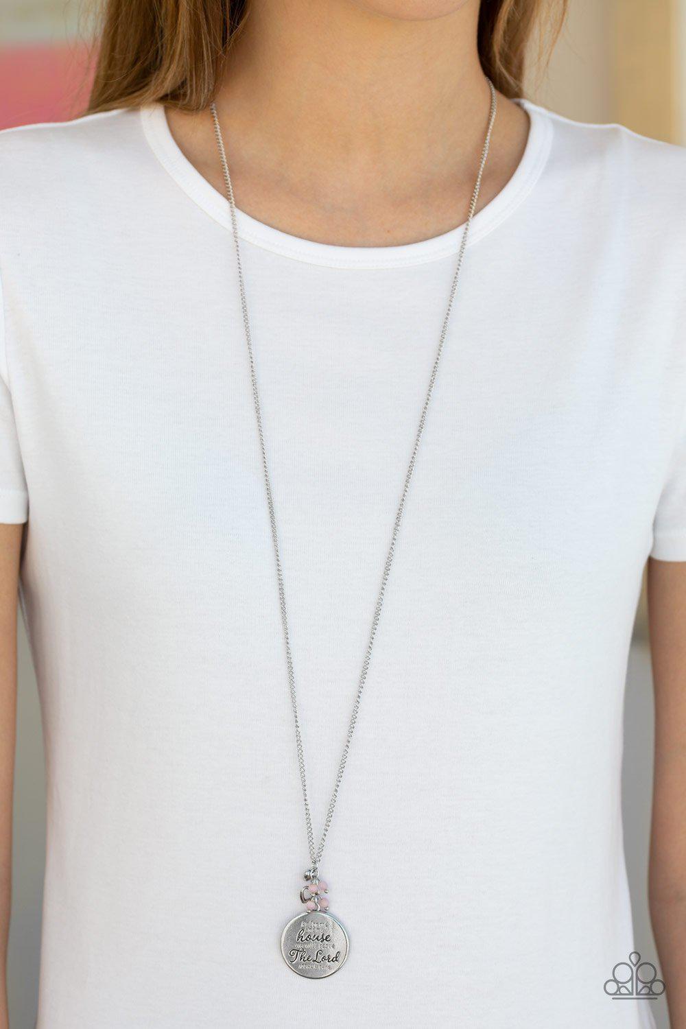 As For Me Pink and Silver Inspirational Necklace - Paparazzi Accessories- on model - CarasShop.com - Paparazzi Jewelry by Cara Jewels