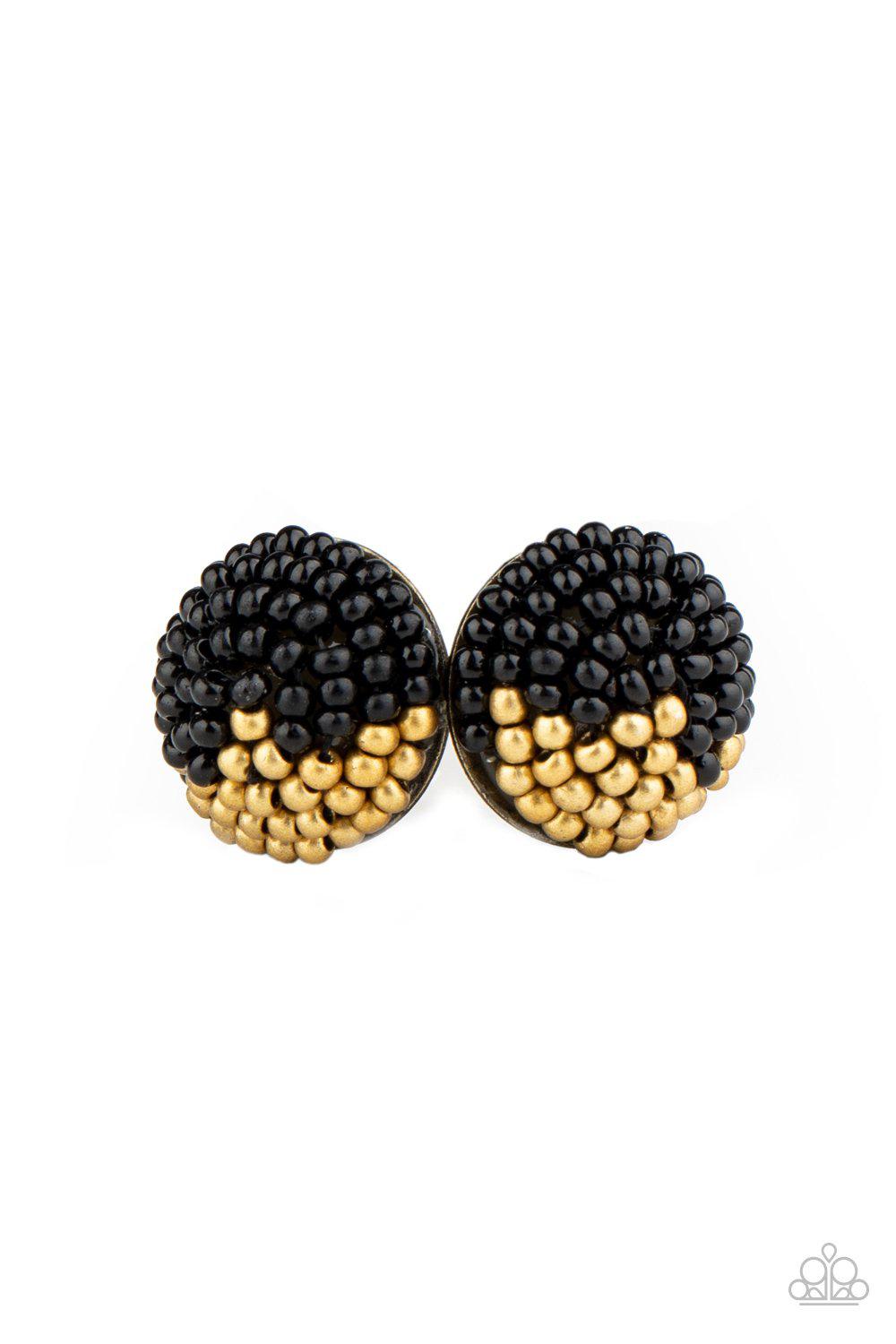 As Happy As Can BEAD Black and Brass Seed Bead Post Earrings - Paparazzi Accessories- lightbox - CarasShop.com - Paparazzi Jewelry by Cara Jewels