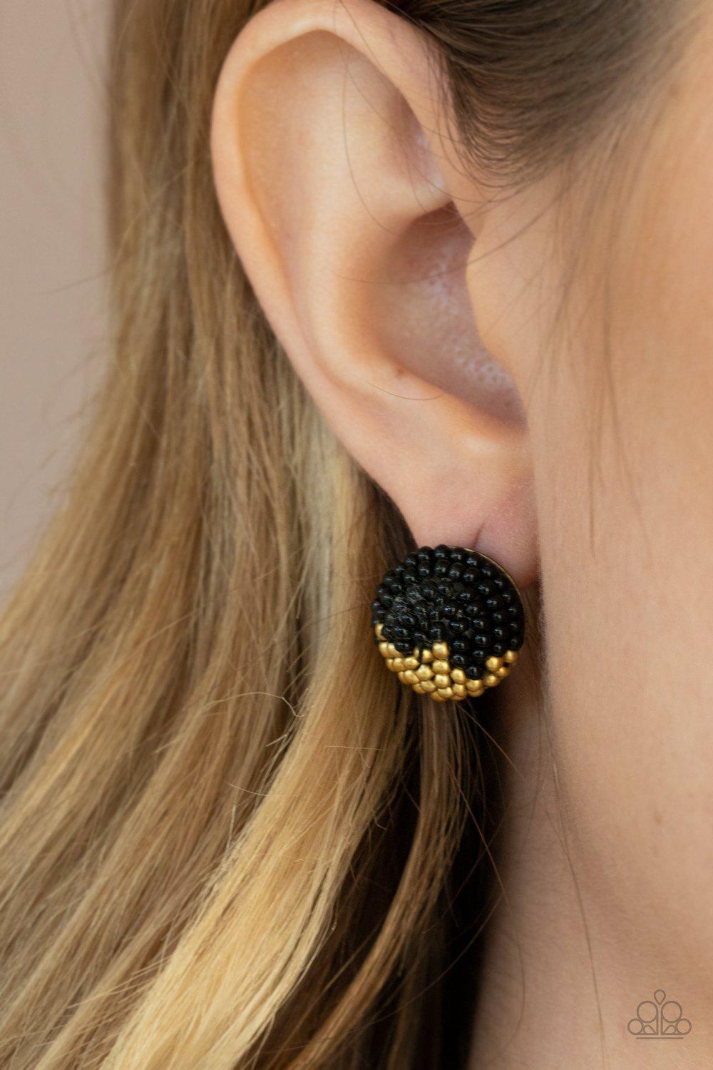 As Happy As Can BEAD Black and Brass Seed Bead Post Earrings - Paparazzi Accessories- on model - CarasShop.com - Paparazzi Jewelry by Cara Jewels