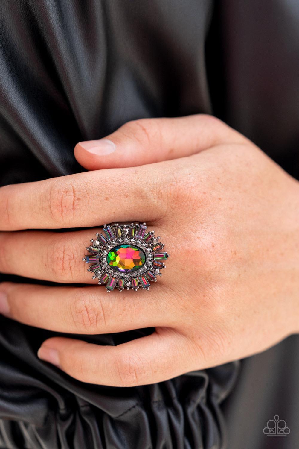 Astral Attitude Multi Oil Spill Rhinestone Ring - Paparazzi Accessories- on model - CarasShop.com - Paparazzi Jewelry by Cara Jewels