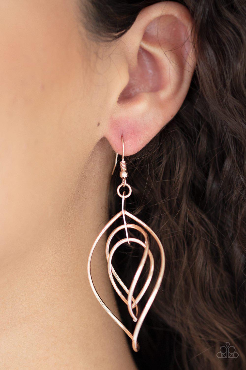 Asymmetrical Allure Rose Gold Earrings - Paparazzi Accessories- on model - CarasShop.com - Paparazzi Jewelry by Cara Jewels