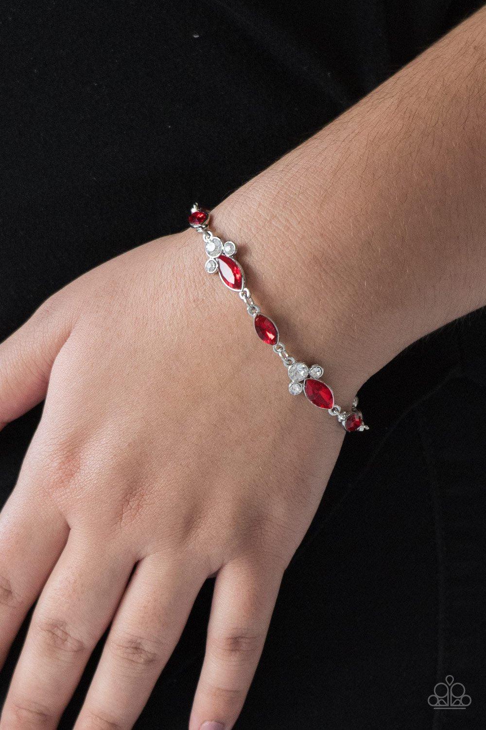 At Any Cost Red and White Gem Bracelet - Paparazzi Accessories- on model - CarasShop.com - Paparazzi Jewelry by Cara Jewels