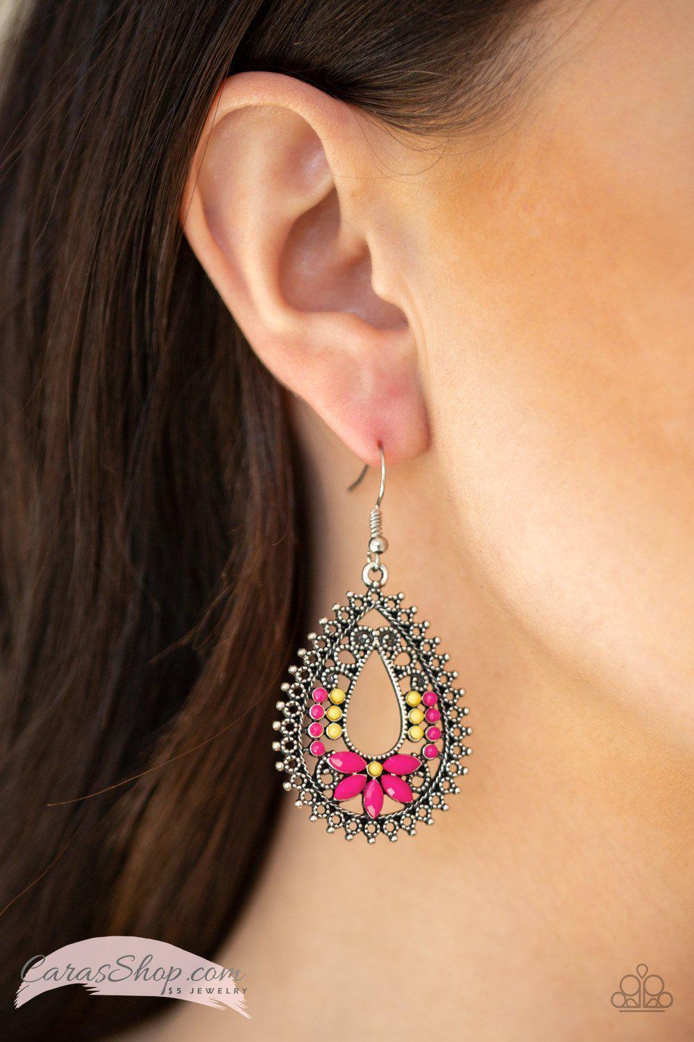 Atta-GALA - Pink and Yellow Bead Earrings - Paparazzi Accessories- on model - CarasShop.com - Paparazzi Jewelry by Cara Jewels
