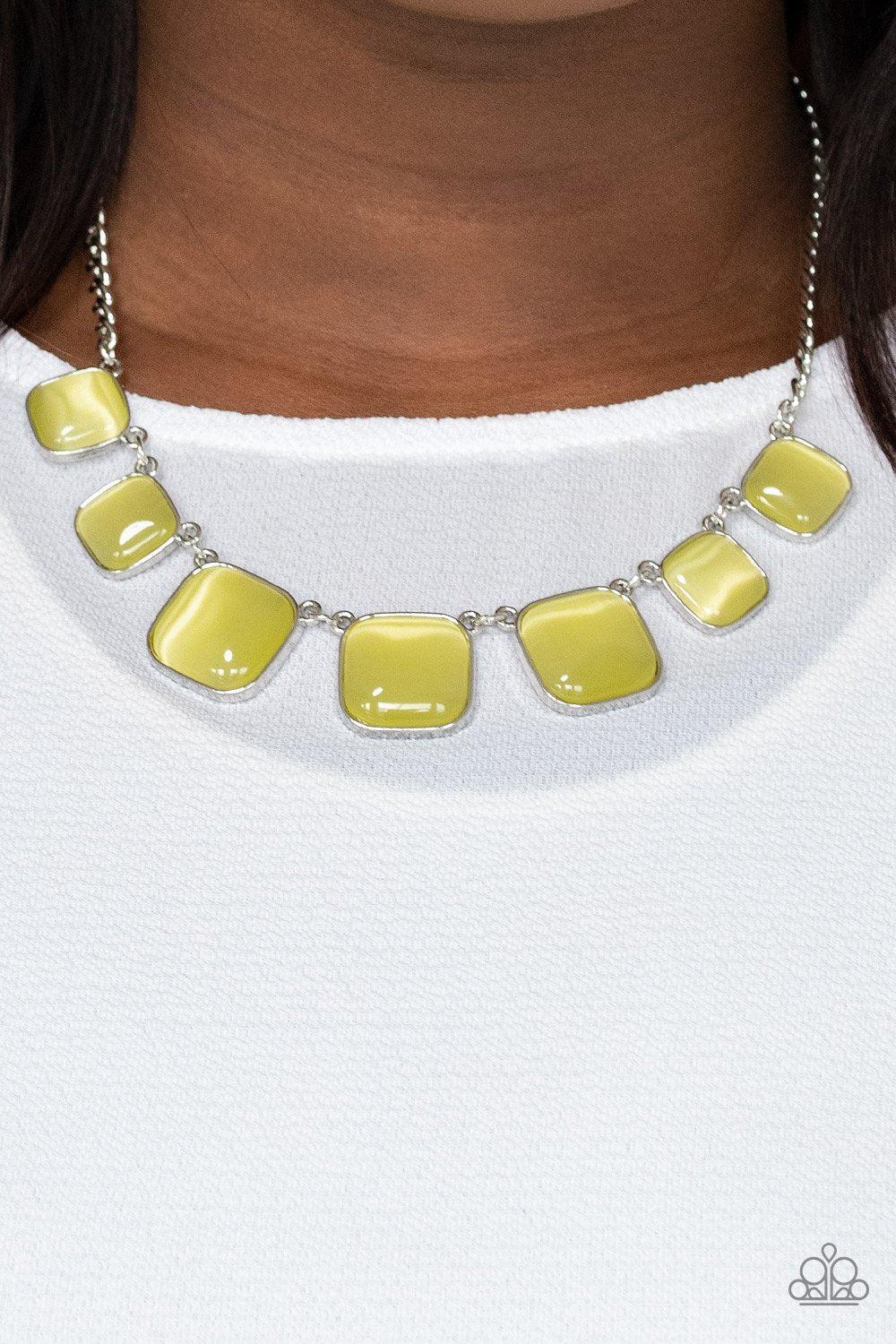 Aura Allure Yellow Cat's Eye Stone Necklace - Paparazzi Accessories- on model - CarasShop.com - Paparazzi Jewelry by Cara Jewels