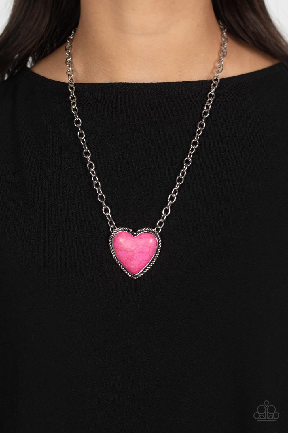 Authentic Admirer Pink Stone Heart Necklace - Paparazzi Accessories- on model - CarasShop.com - Paparazzi Jewelry by Cara Jewels