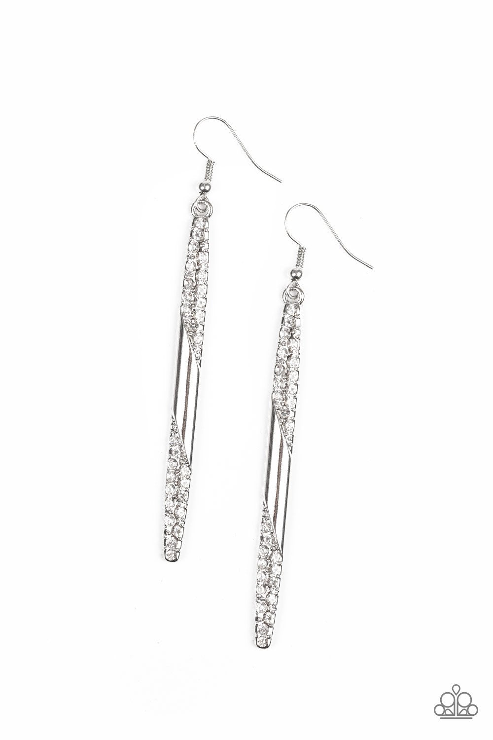 Award Show Attitude Silver and White Earrings - Paparazzi Accessories- lightbox - CarasShop.com - Paparazzi Jewelry by Cara Jewels