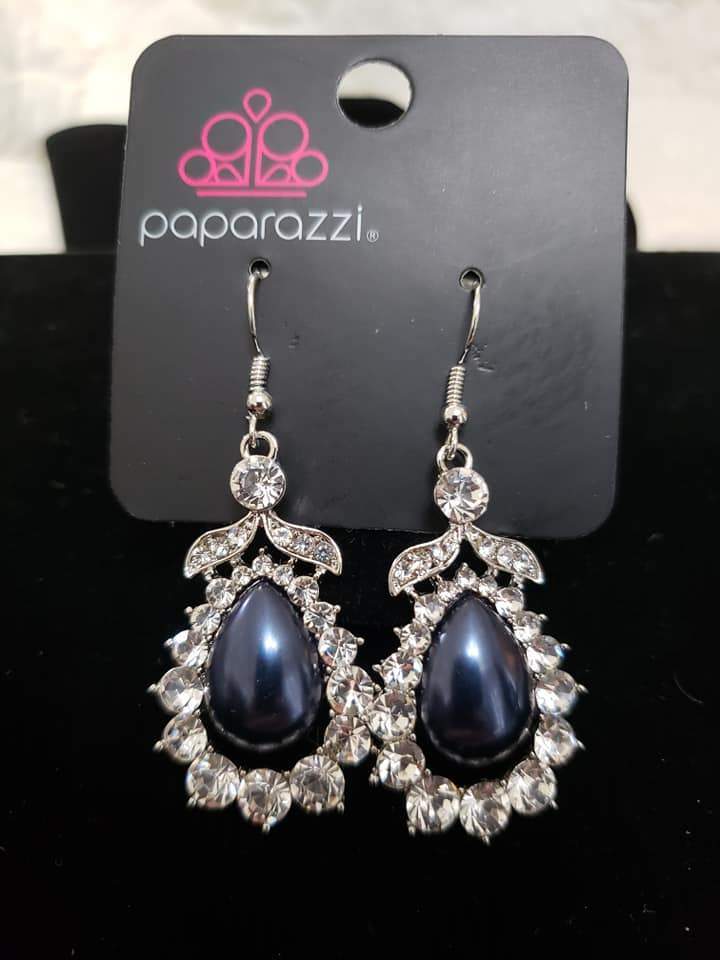 Award Winning Shimmer Navy Blue Pearl Teardrop Earrings - Paparazzi Accessories- lightbox - CarasShop.com - Paparazzi Jewelry by Cara Jewels