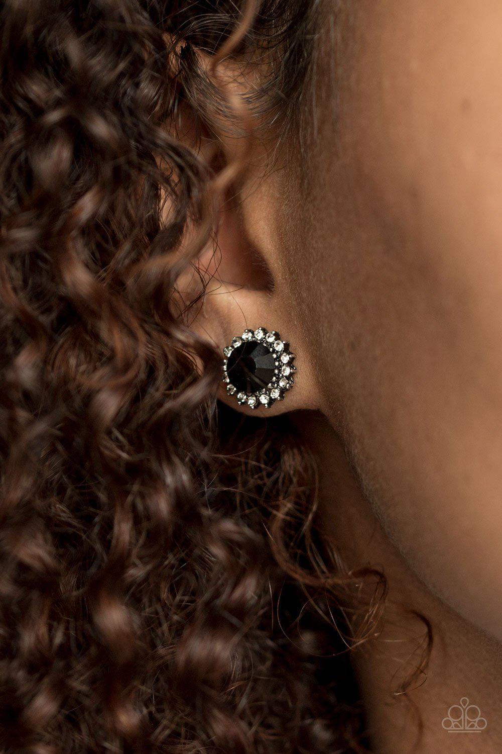 Away We Glow Black Rhinestone Post Earrings - Paparazzi Accessories- on model - CarasShop.com - Paparazzi Jewelry by Cara Jewels