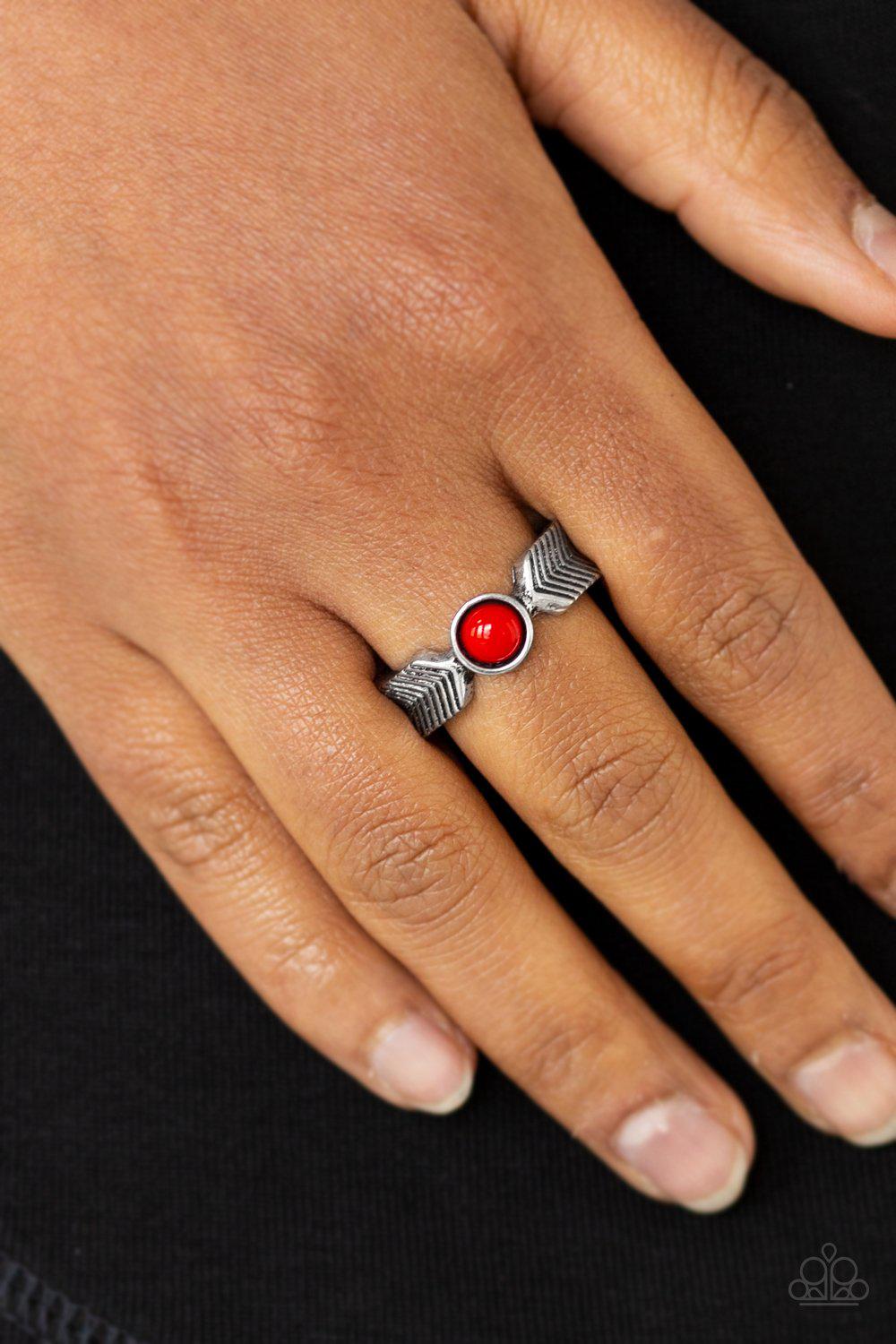 Awesomely Arrow Dynamic Red Ring - Paparazzi Accessories- on model - CarasShop.com - Paparazzi Jewelry by Cara Jewels