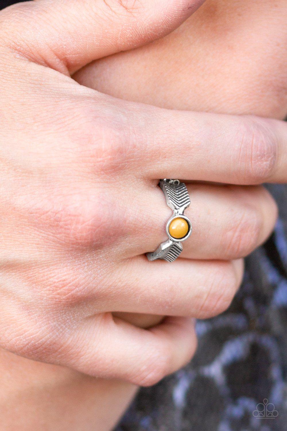 Awesomely ARROW Dynamic Silver and Yellow Ring - Paparazzi Accessories- on model - CarasShop.com - Paparazzi Jewelry by Cara Jewels