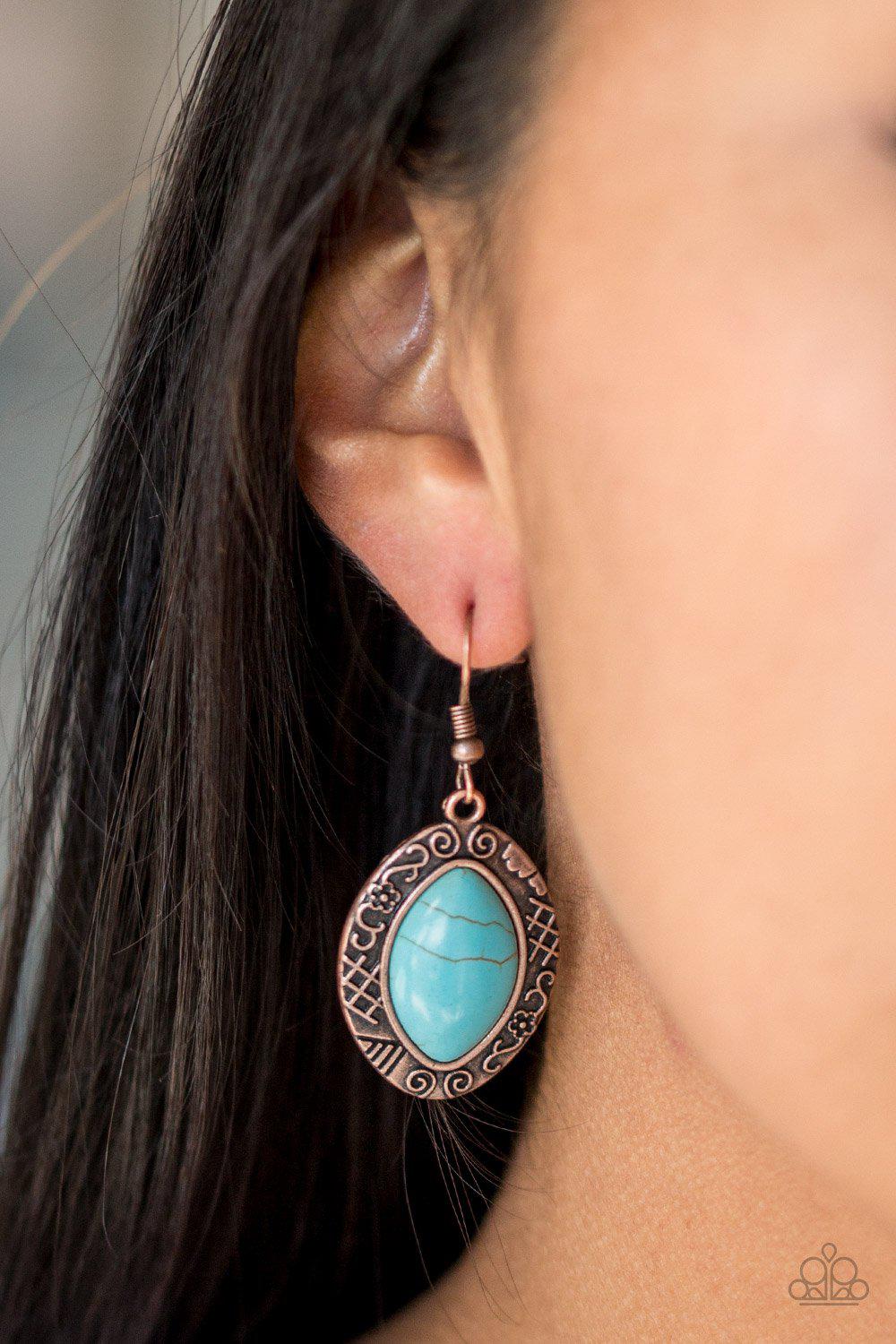 Aztec Horizons Copper and Turquoise Stone Earrings - Paparazzi Accessories- on model - CarasShop.com - Paparazzi Jewelry by Cara Jewels