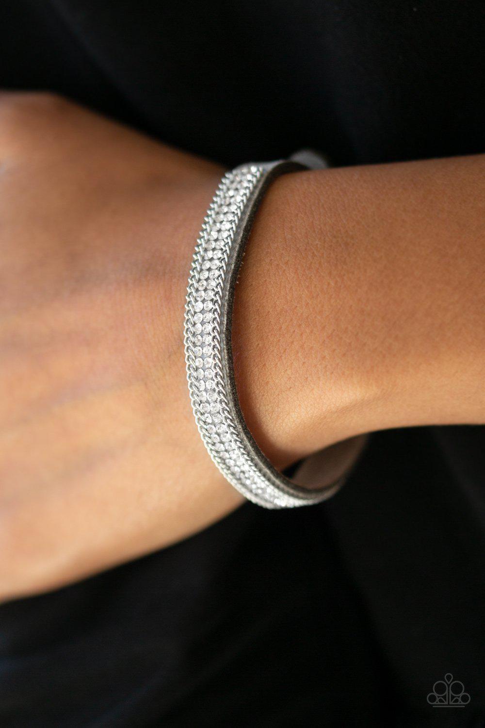 Babe Bling Silver and Rhinestone Narrow Wrap Snap Bracelet - Paparazzi Accessories- on model - CarasShop.com - Paparazzi Jewelry by Cara Jewels