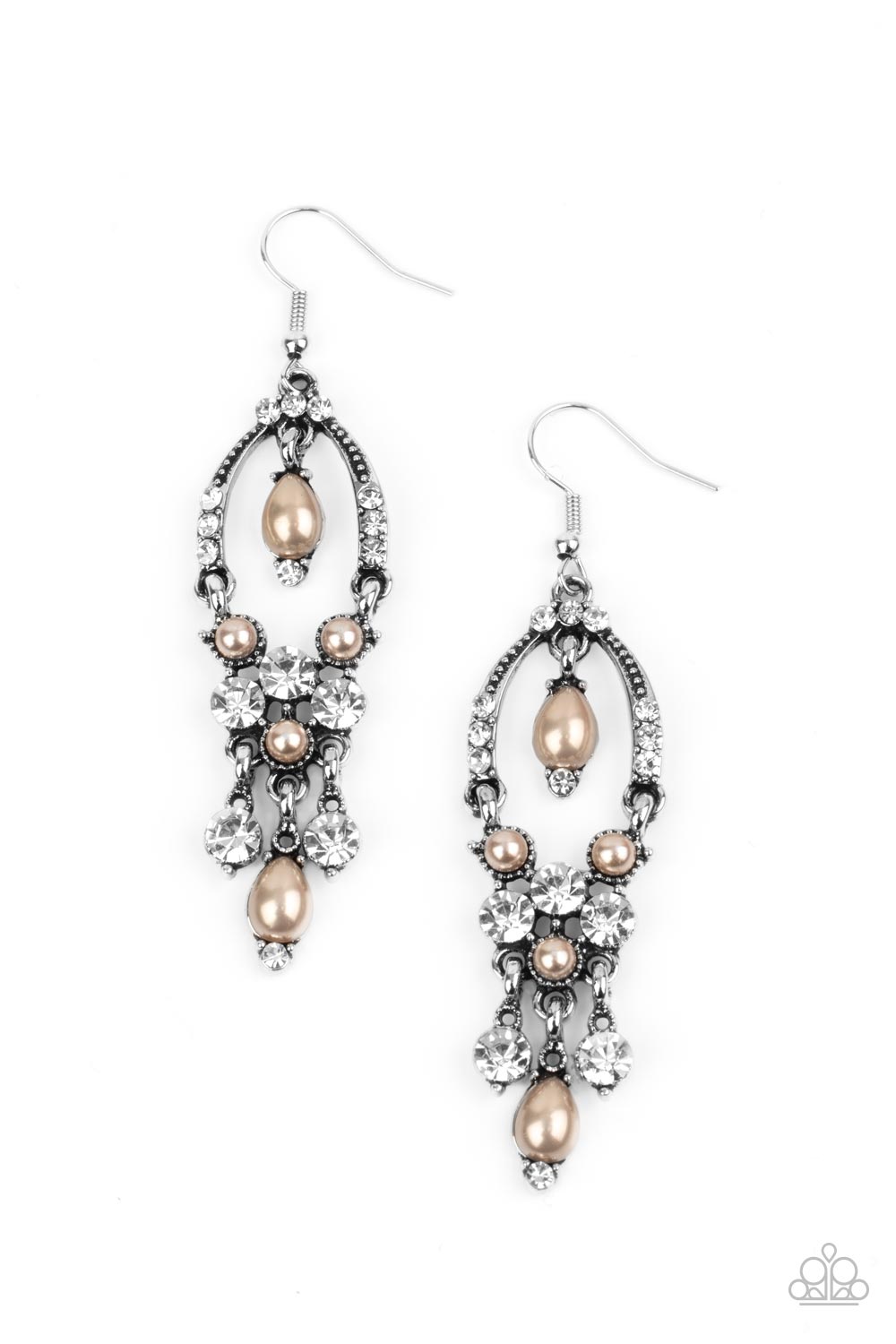 Back In The Spotlight Brown Pearl and White Rhinestone Earrings - Paparazzi Accessories- lightbox - CarasShop.com - Paparazzi Jewelry by Cara Jewels