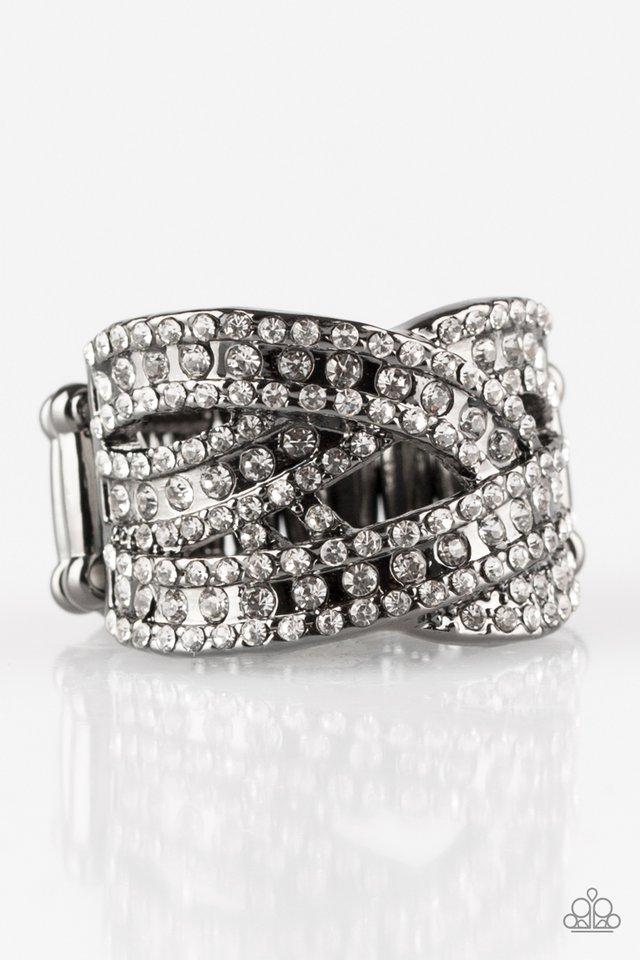 Back On The Glitter Track Gunmetal Black and White Rhinestone Ring - Paparazzi Accessories- lightbox - CarasShop.com - Paparazzi Jewelry by Cara Jewels