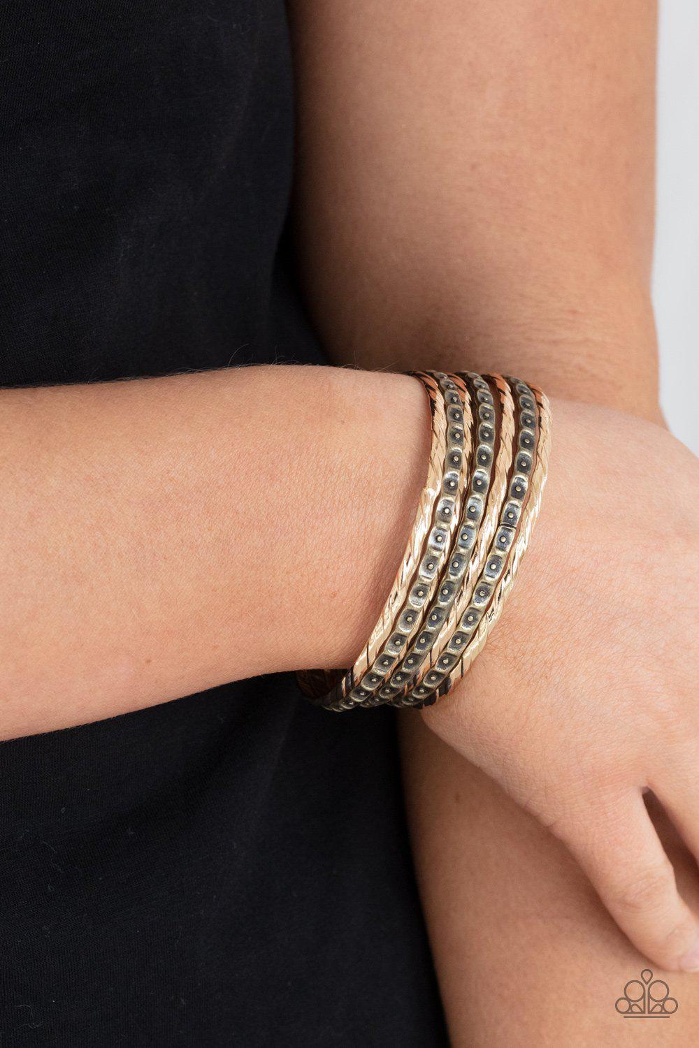 Back-To-Back Stacks Multi Gold and Brass Bangle Bracelet Set - Paparazzi Accessories- on model - CarasShop.com - Paparazzi Jewelry by Cara Jewels
