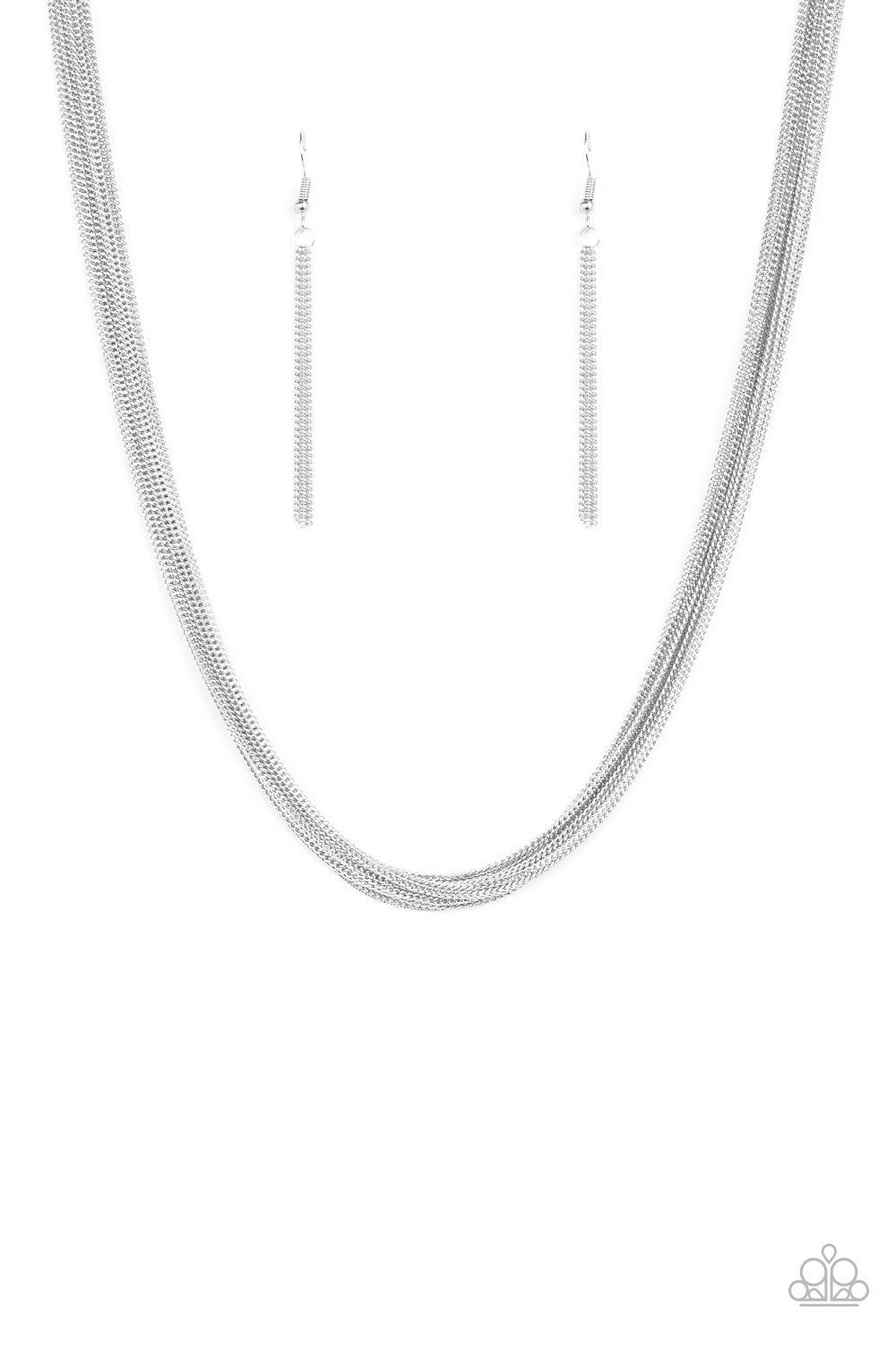 Backstage Bravado Short Silver Chain Necklace and matching Earrings - Paparazzi Accessories- lightbox - CarasShop.com - Paparazzi Jewelry by Cara Jewels
