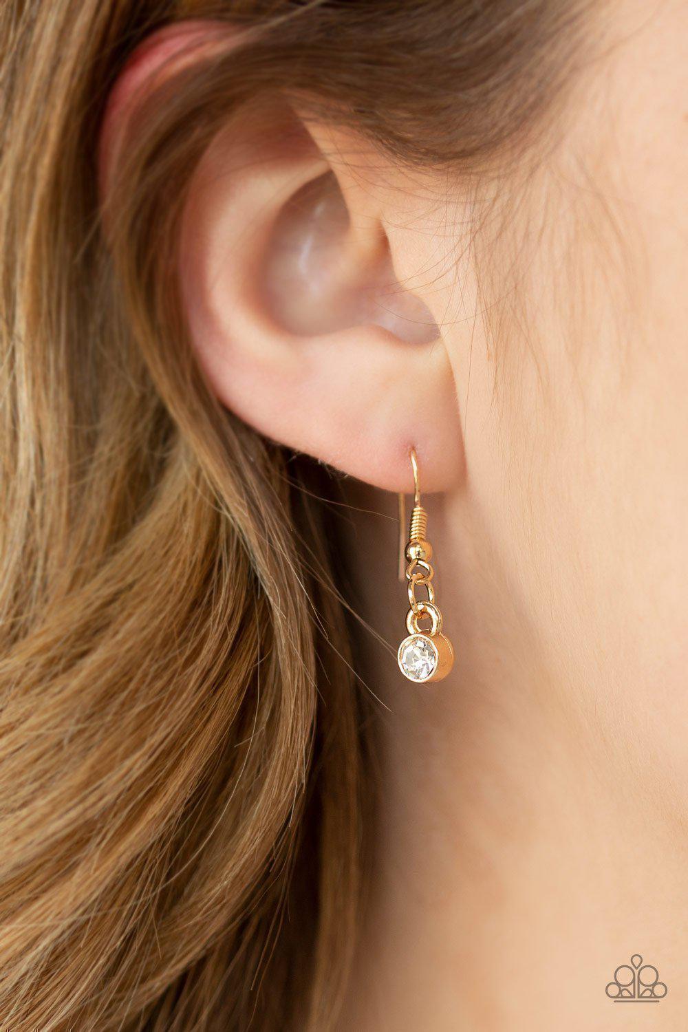 Bad HEIR Day Gold and White Rhinestone Necklace - Paparazzi Accessories - free matching earrings -CarasShop.com - Paparazzi Jewelry by Cara Jewels