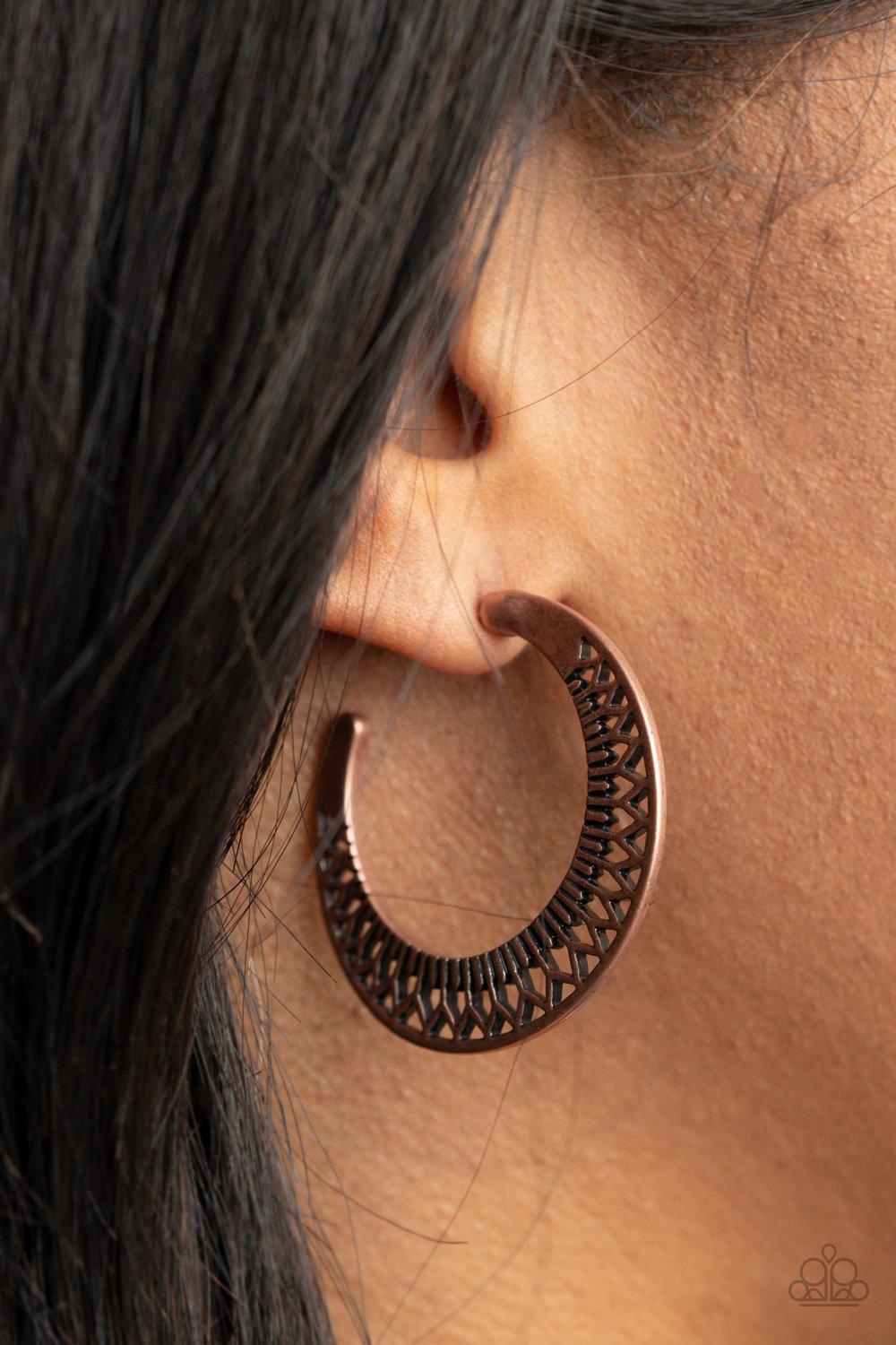 Bada BLOOM! Copper Filigree Hoop Earrings - Paparazzi Accessories- on model - CarasShop.com - Paparazzi Jewelry by Cara Jewels