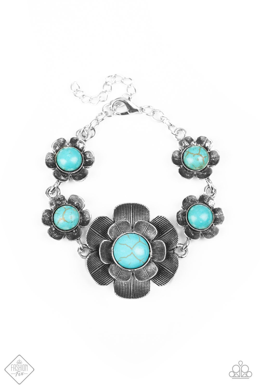 Badlands Blossom Turquoise Blue Stone and Silver Flower Bracelet - Paparazzi Accessories- lightbox - CarasShop.com - Paparazzi Jewelry by Cara Jewels
