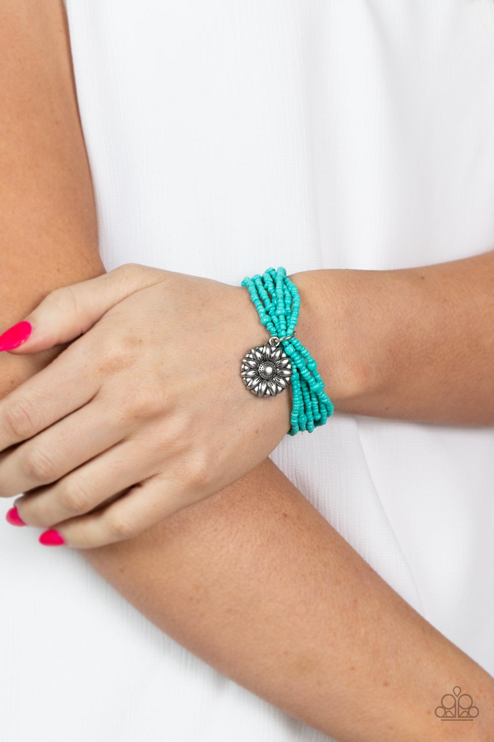 Badlands Botany Turquoise Blue Seed Bead Flower Bracelet - Paparazzi Accessories- on model - CarasShop.com - Paparazzi Jewelry by Cara Jewels