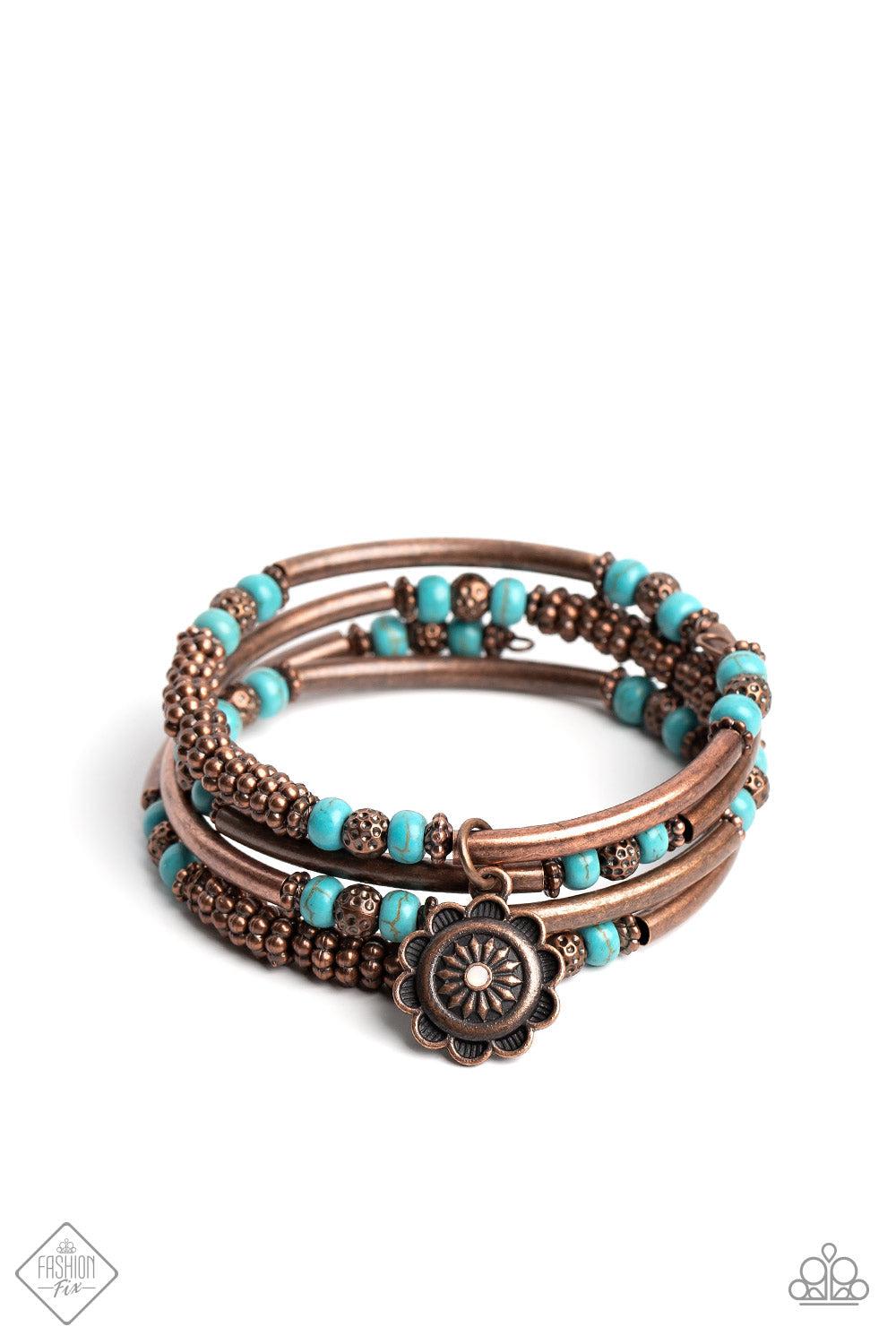 Badlands Bunch Copper & Turquoise Blue Stone Bracelet - Paparazzi Accessories- lightbox - CarasShop.com - Paparazzi Jewelry by Cara Jewels