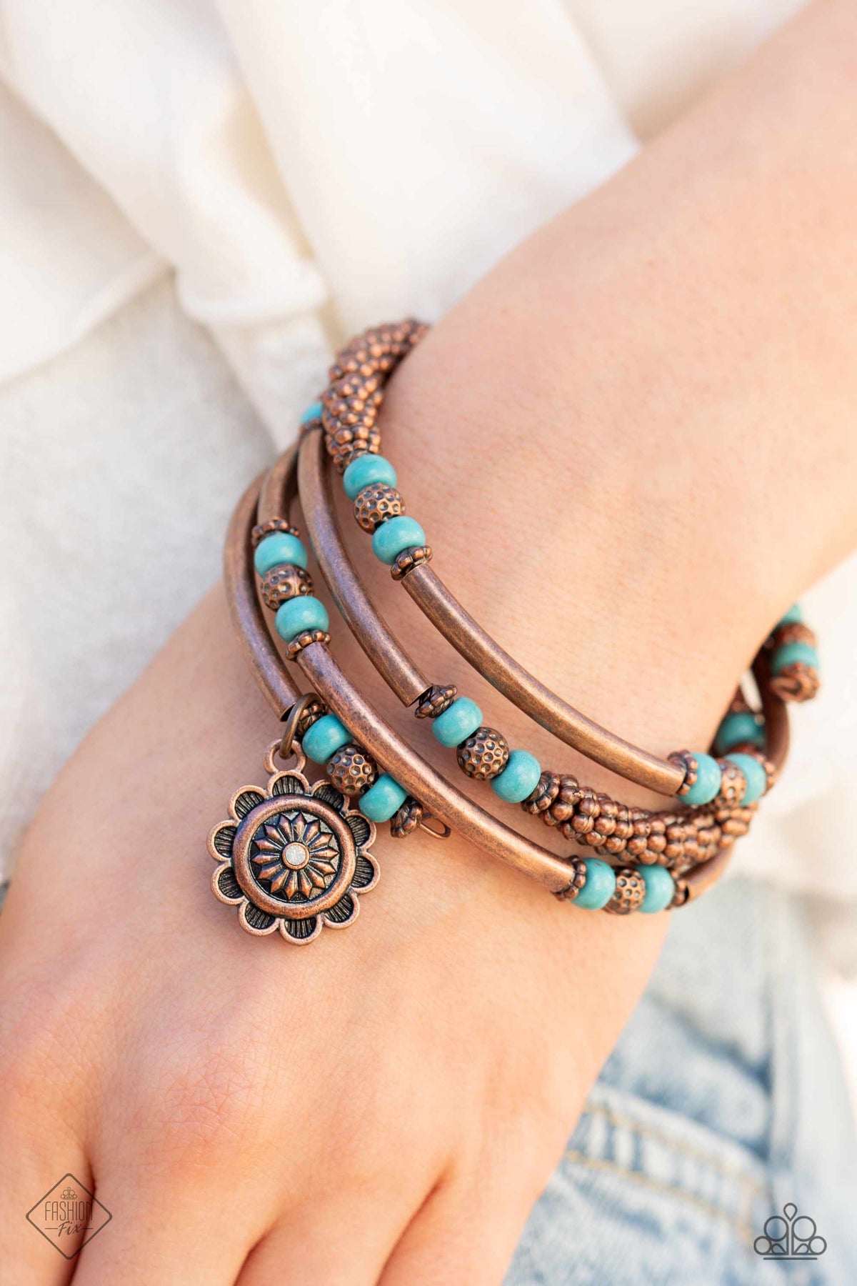 Badlands Bunch Copper & Turquoise Blue Stone Bracelet - Paparazzi Accessories- on model - CarasShop.com - Paparazzi Jewelry by Cara Jewels