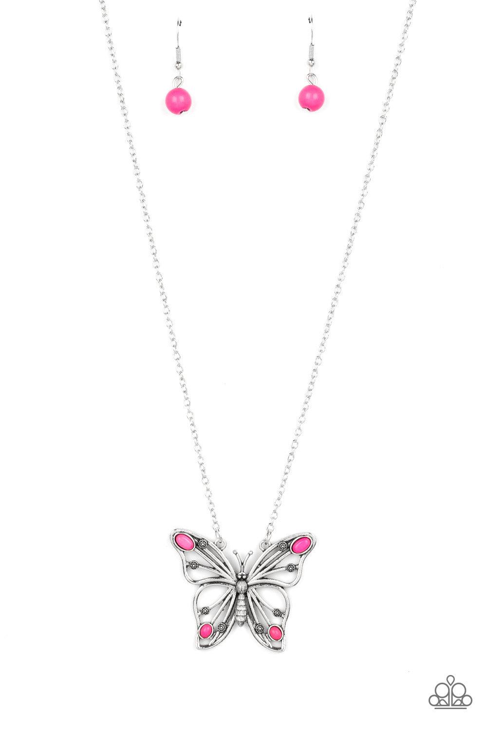 Badlands Butterfly Pink Stone Necklace - Paparazzi Accessories- lightbox - CarasShop.com - Paparazzi Jewelry by Cara Jewels
