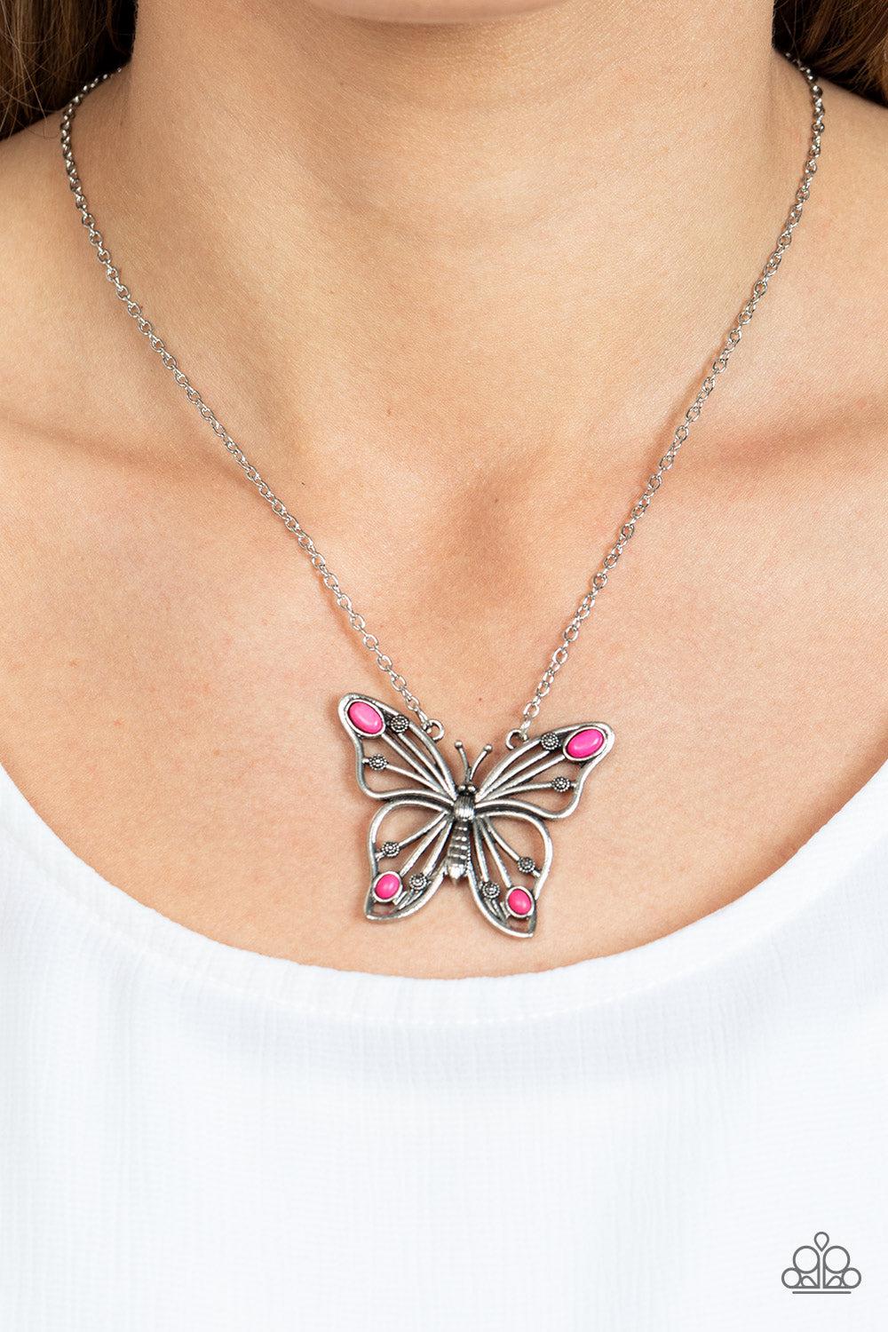 Badlands Butterfly Pink Stone Necklace - Paparazzi Accessories- on model - CarasShop.com - Paparazzi Jewelry by Cara Jewels