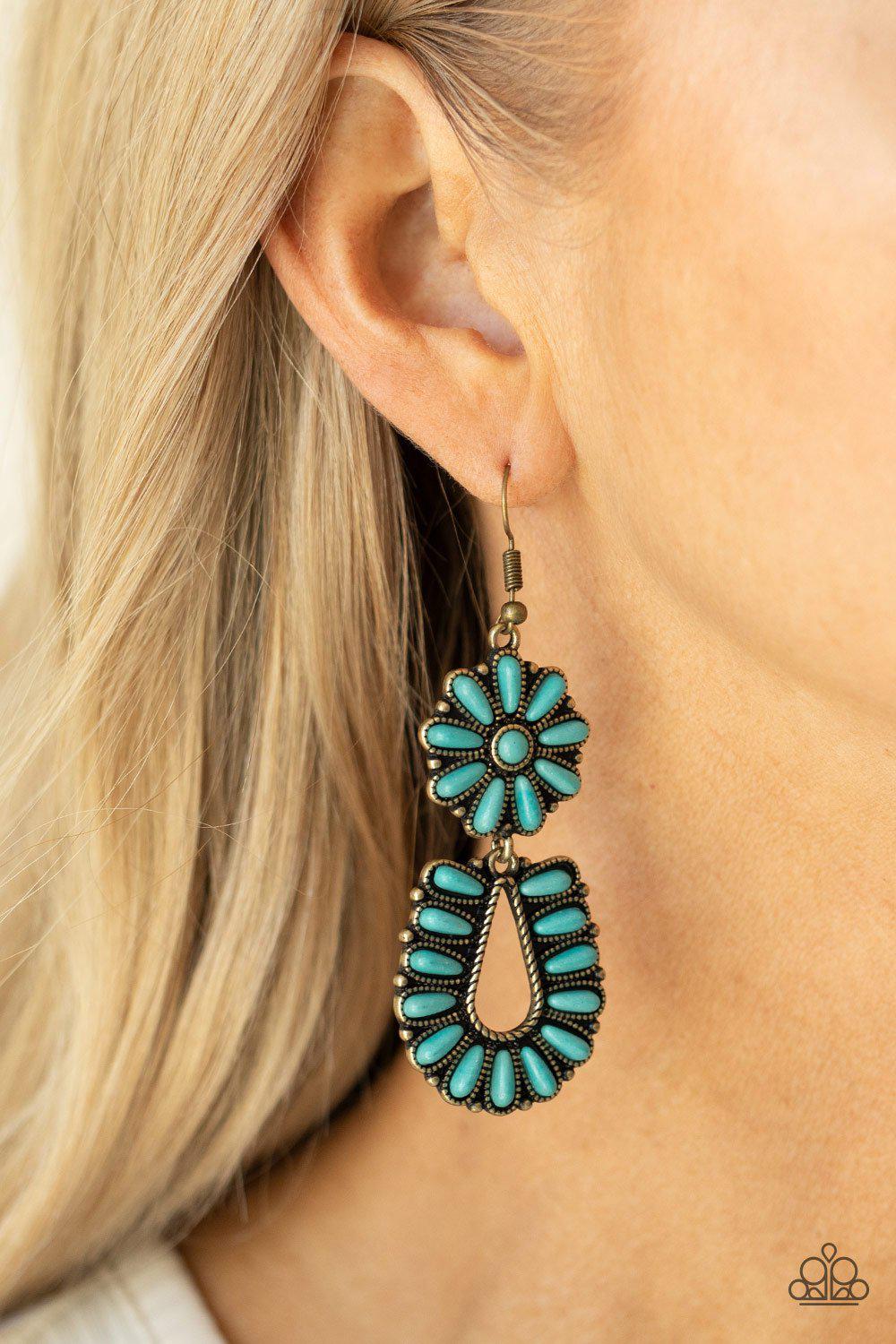 Badlands Eden Brass and Turquoise Blue Stone Earrings - Paparazzi Accessories- on model - CarasShop.com - Paparazzi Jewelry by Cara Jewels