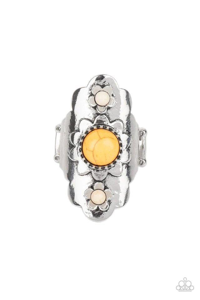Badlands Garden Yellow Stone Floral Ring - Paparazzi Accessories- lightbox - CarasShop.com - Paparazzi Jewelry by Cara Jewels