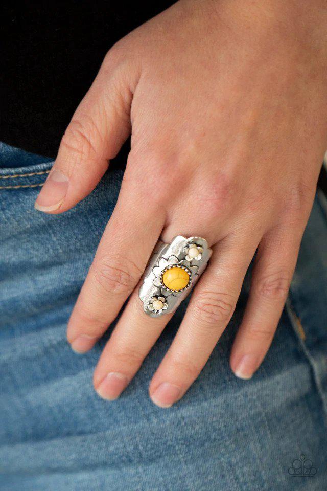 Badlands Garden Yellow Stone Floral Ring - Paparazzi Accessories- lightbox - CarasShop.com - Paparazzi Jewelry by Cara Jewels