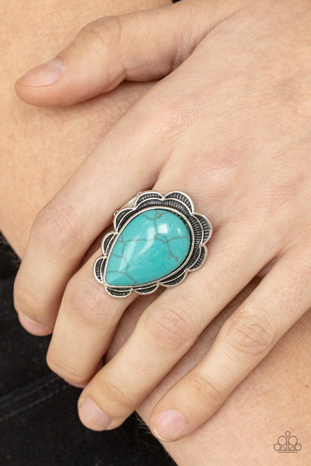 BADLANDS Romance Turquoise Blue Stone Ring - Paparazzi Accessories- on model - CarasShop.com - Paparazzi Jewelry by Cara Jewels