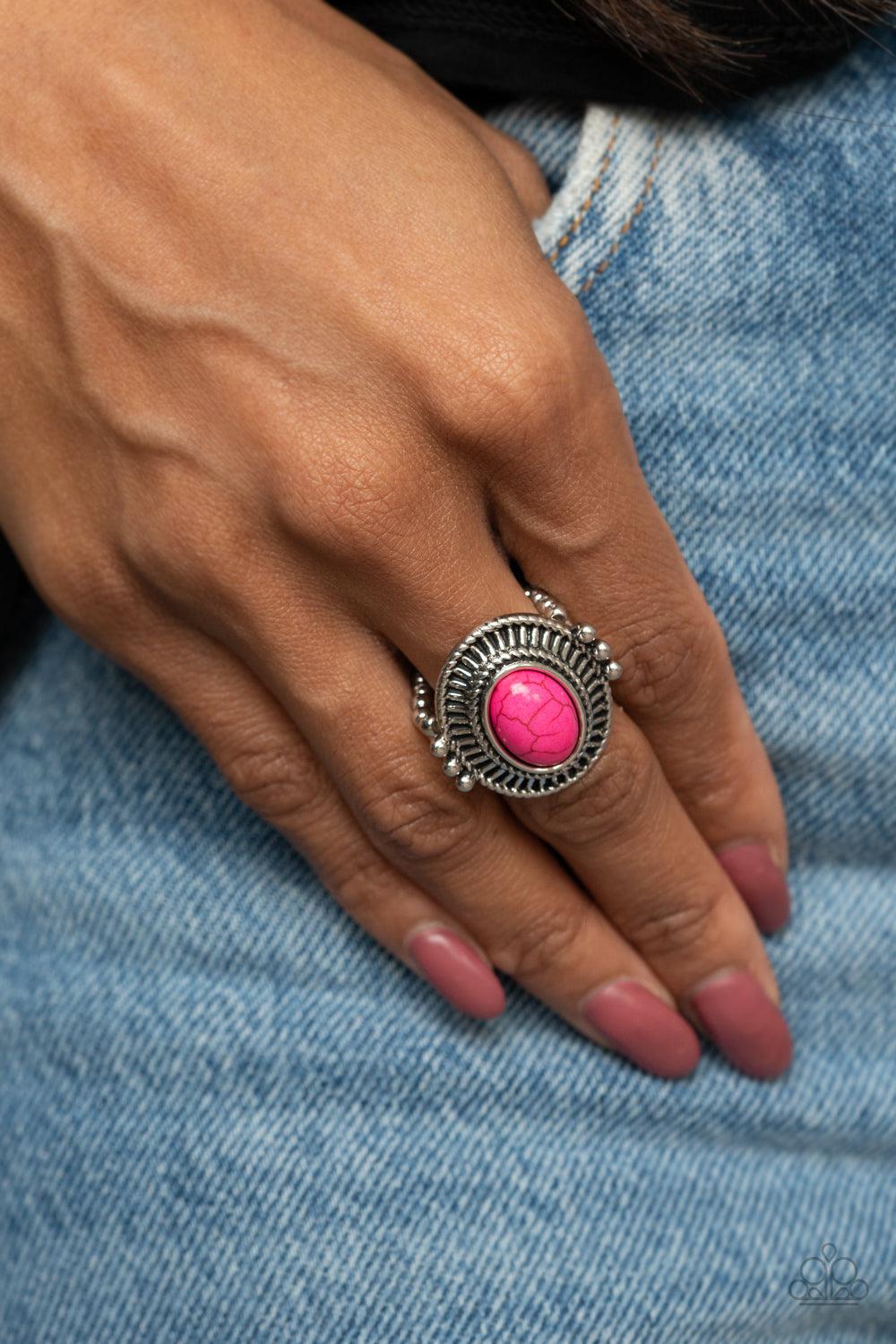 BADLANDS To The Bone Pink Stone Ring - Paparazzi Accessories- on model - CarasShop.com - Paparazzi Jewelry by Cara Jewels