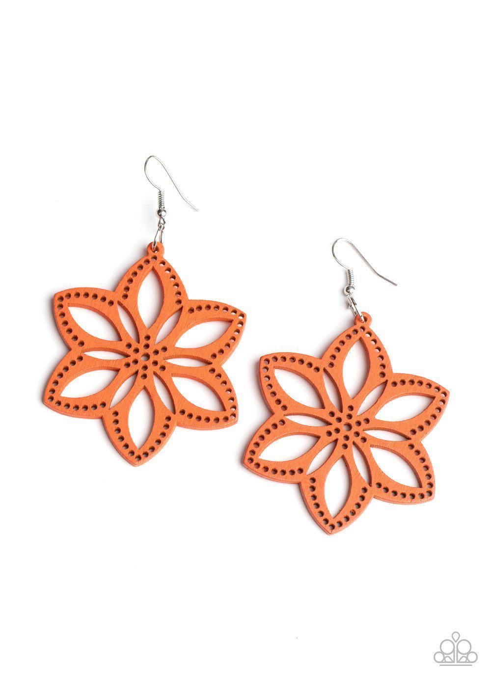 Bahama Blossoms Orange Wood Flower Earrings - Paparazzi Accessories- lightbox - CarasShop.com - Paparazzi Jewelry by Cara Jewels