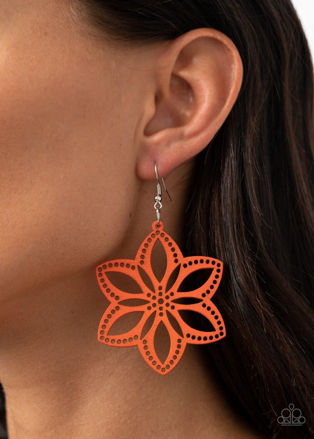 Bahama Blossoms Orange Wood Flower Earrings - Paparazzi Accessories- on model - CarasShop.com - Paparazzi Jewelry by Cara Jewels