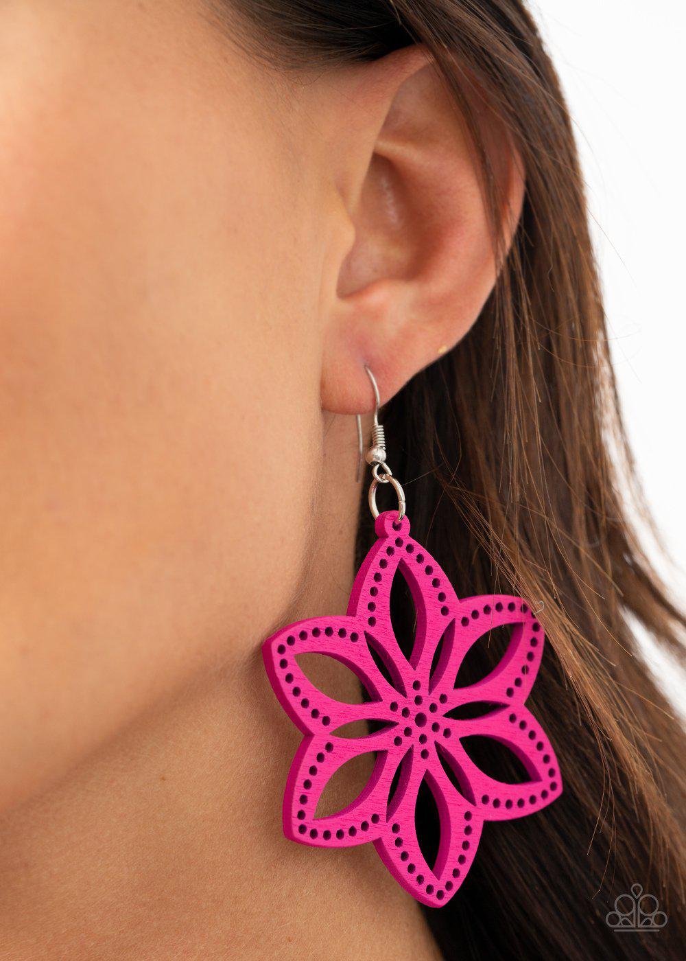 Bahama Blossoms Pink Wood Earrings - Paparazzi Accessories- on model - CarasShop.com - Paparazzi Jewelry by Cara Jewels